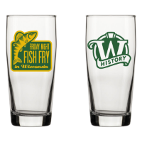 Side by side image of front and reverse sides of glass pilsner glass with green and yellow "Friday Night Fish Fry" graphic on one side and Wisconsin Historical Society "W" logo on other side. 