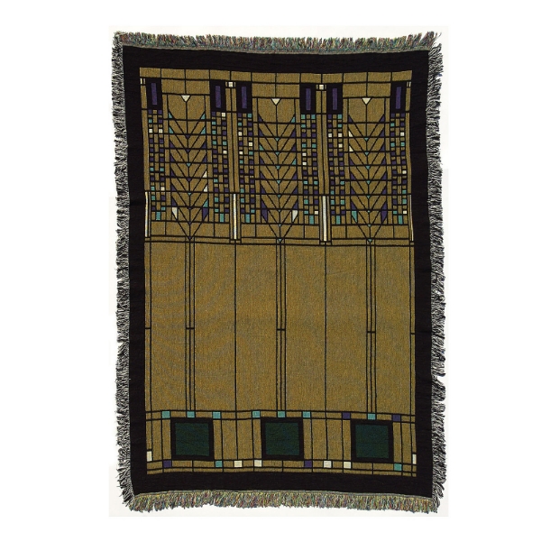 Throw blanket with geometric Tree of Life design by Frank Lloyd Wright. Darker earth tones. Fringe. 