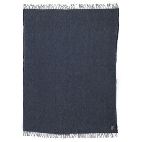 Navy wool Ashby throw from Faribault Mills shown flat with fringe on opposite edges. 