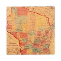 Square marble coaster with color image of historic 1861 map of Wisconsin printed on it.