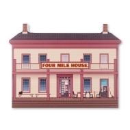 Product photo of miniature wood cutout of Old World Wisconsin's Four Mile House, a restored historic stagecoach inn dating to 1853.