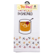 White tea towel (folded) with screen print that says "Call me old fashioned" above line art of the cocktail with ice and cherry.