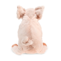 Back side of fuzzy pink piglet hand puppet with curly tail and perky ears. 