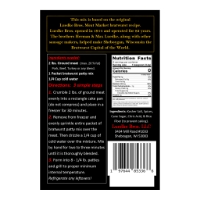 Back of packet of Luedke Bros. bratwurst patty seasoning mix with black background. Text sections for nutrition information and ingredients.