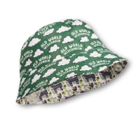 Old World Wisconsin bucket hat. The hat is green with white, puffy clouds and the words "Old World Wisconsin" repeated throughout.