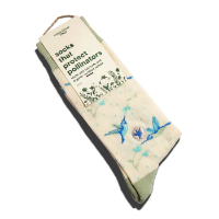 Light beige socks with blue hummingbirds motif. Light green toe, heel cap, and cuff. Shown folded with display card