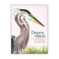 Book cover of "Drawn to Birds" with full page illustration of heron in profile over white background.