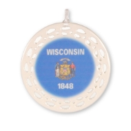 Round ornament with the Wisconsin state flag printed on it 