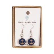 Wooden Blue Anchor Dangle Earrings