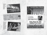 Page spread from "We Had Fun and Nobody Died" showing pages  110 and 111 with a few b&w photos including a Leo Kottke  concert sign, Leo Kottke holding a guitar (1999), and a John Prine concert poster from 2004.