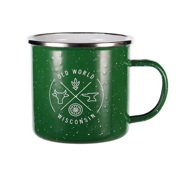 A front view of the green camping mug. There is the logo of Old World Wisconsin printed on it