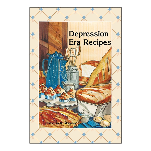 Book cover of "Depression Era Recipes" will illustration of bread, muffins, and coffee pot with title in bold black. 