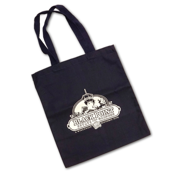 Black tote bag with the Black Point Estates and Gardens logo