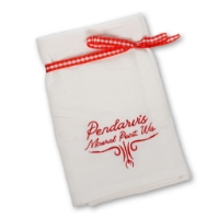 White tea towel with red embroidered design that says "Pendarvis, Mineral Point, Wis. 