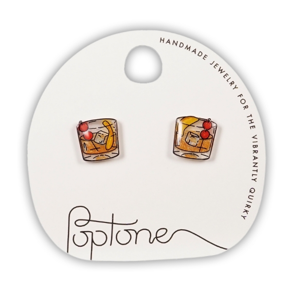 Brandy Old Fashioned Stud Earrings shown on white display card.