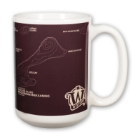 "Back" side of large white Madeline Island Museum mug with topographical map illustration in white over brown background. 