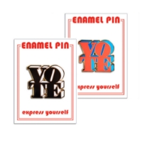 Two enamel lapel pins with the word VOTE in bold font. One black and white, the other red and blue.