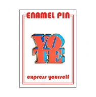 One enamel lapel pin with the word VOTE in bold, red and blue font