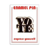 One enamel lapel pin with the word VOTE in bold, black font.