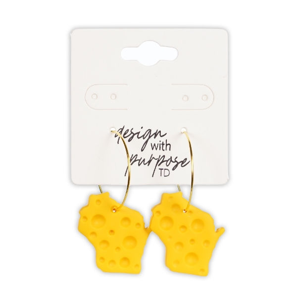 Two yellow Wisconsin state shape hoop earrings on a white display card.