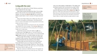 Page spread sample from the book "Timber!" with paragraphs of text on left and illustration of two Ojibwe canoe builders on right.