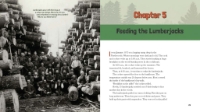 Page spread sample from the book "Timber!" with paragraphs of text on right and black and white photo of lumberjacks and piles of logs on left.