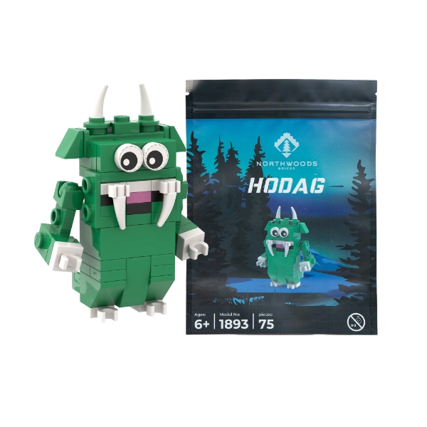 The Mini Hodag Brick Set both built and in its packaging 