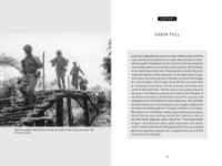 Page spread from "Red Arrow Across the Pacific" with black and white image of soldiers in New Guinea on left and paragraph of text on right. 