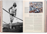 Open pages sample from "The Circus" with black and white photograph of trapeze artist on left and paragraphs of text on right with a vintage color illustration.