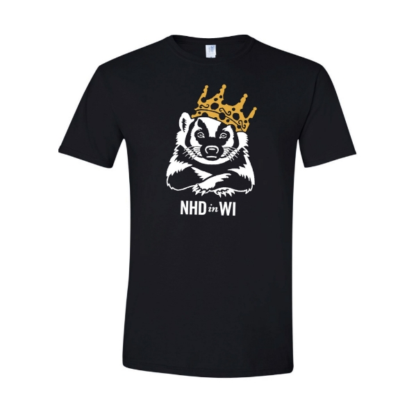 2024 National History Day tee shirt with illustration of badger wearing a crown. Black tee shirt with white and yellow screen print.