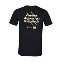 2024 National History Day tee shirt, back side, with text that says "National History Day, Wisconsin." Black tee shirt with white screen print.