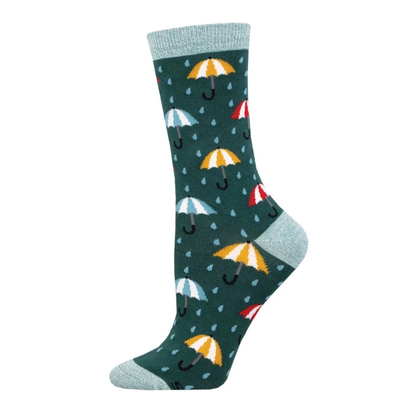 Sock with colorful umbrella and raindrop motif over dark green background. Light heel and toe cap.