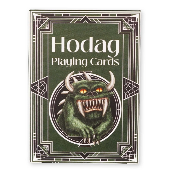 Green box of Hodag playing cards with illustration of snarling hodag beast with white fangs and horns.