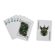 Several hodag playing cards displayed in fan shape and showing illustrations of green hodag monsters on the king of hearts and joker cards.