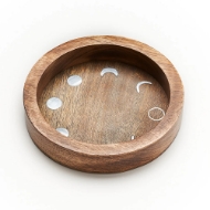 Brown, round, wood dish with metallic moon phase inlays around the perimeter. 