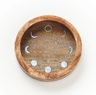 Brown, round, wood dish with metallic moon phase inlays around the perimeter. 