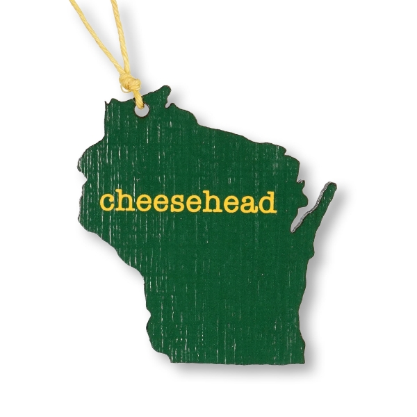 The green and yellow Wisconsin Cheesehead Ornament on a blank white background