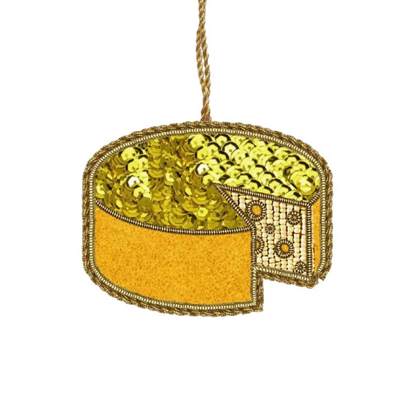 Yellow tree ornament in the shape of a cheese round with a missing wedge. Made with beads.