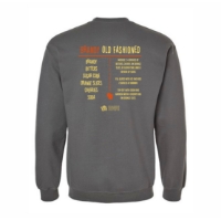 Back side of gray Brandy Old Fashioned sweatshirt with yellow and orange screen print of the recipe.