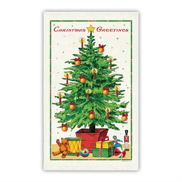 Tea towel with vintage color illustration of Christmas tree with gifts under it.