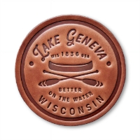 The front of the Lake Geneva Leather Coaster on a blank white background