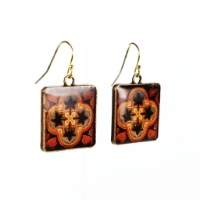 	Two square dangle earrings with Victorian era geometric leaf design.