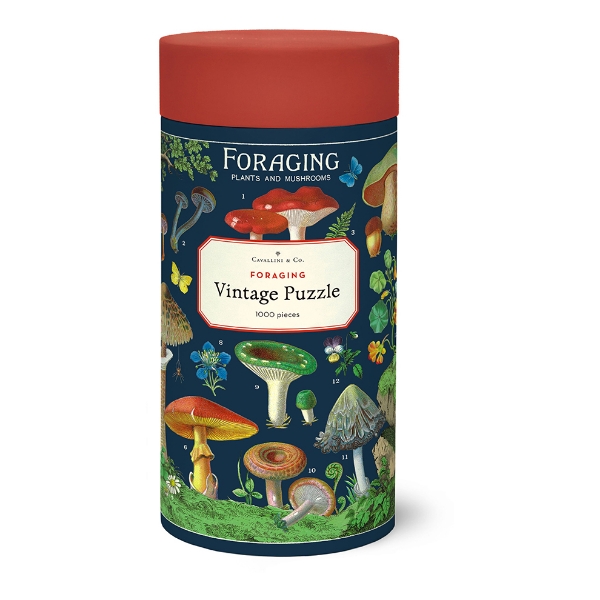 Cavallini vintage "Foraging" puzzle in tubular packaging.