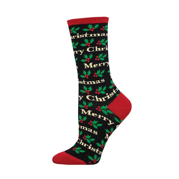 Black sock with "Merry Christmas" design. Red toe, heel cap, and cuff.