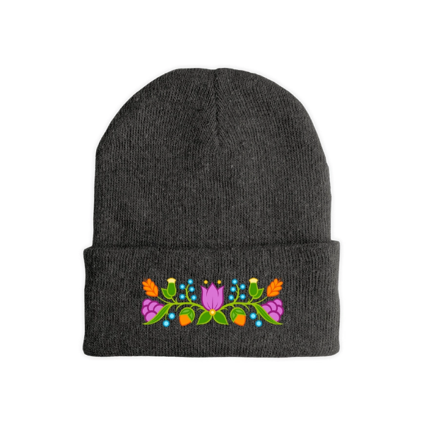 Grey beanie cap with floral embroidery.