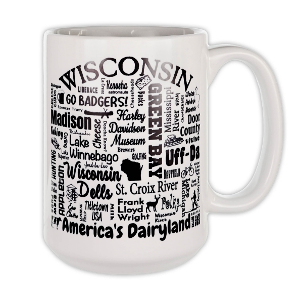 Wisconsin state pride mug, white with many state culture words in black font.