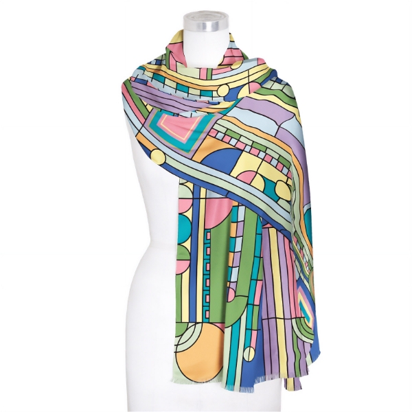 Multicolor shawl with "Saguaro Forms" design by Frank Lloyd Wright.