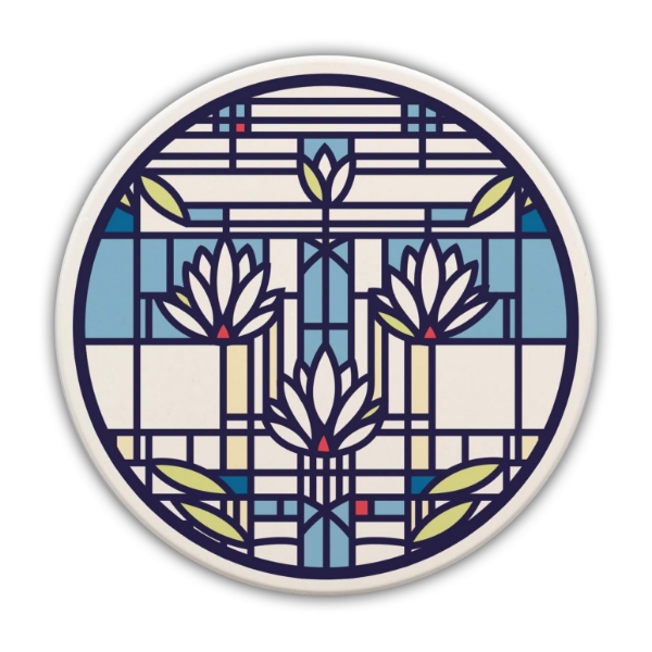 Round trivet with blue and white "Waterlilies" design by Frank Lloyd Wright.