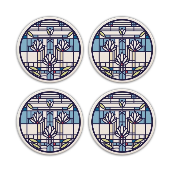 Four round beverage coasters with blue and white "Waterlilies" design by Frank Lloyd Wright.