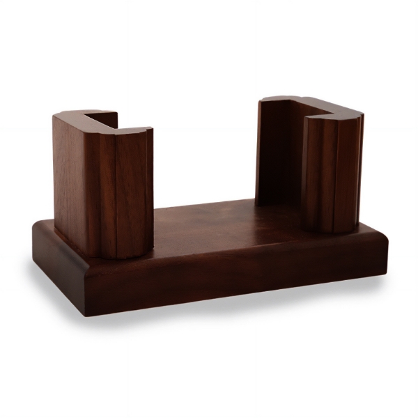 Wooden coaster holder stand with dark brown stain.